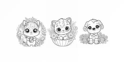 Cute Animals In Bloom Kids Coloring Pages generated by midjourney