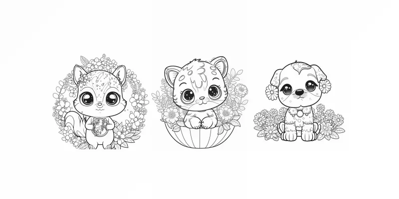 Cute Animals In Bloom Kids Coloring Pages generated by undefined