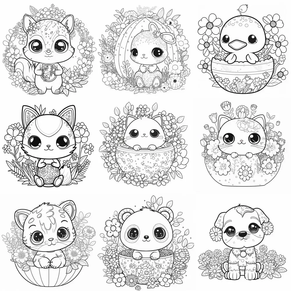 Cute Animals In Bloom Kids Coloring Pages