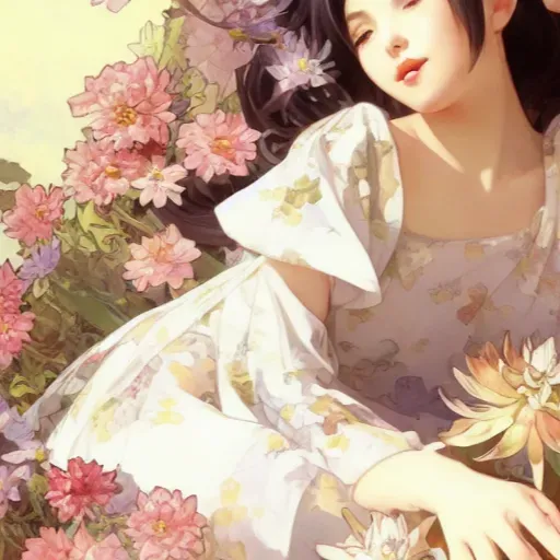 Beautiful Girl On A Flower Bed