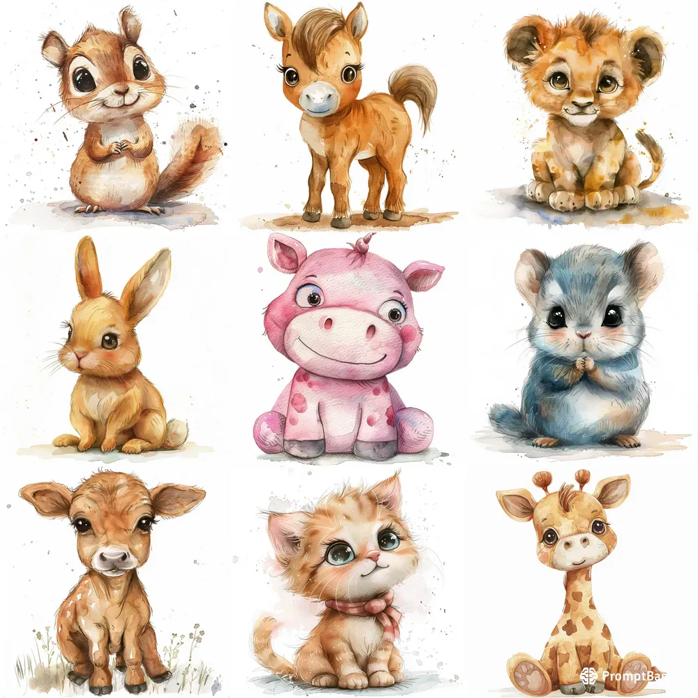 Watercolor Hand-drawn Cute Animals