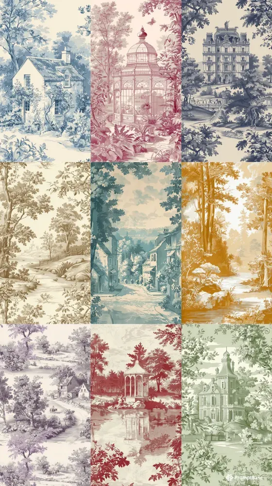 Vintage Toile Modern House Illustrations