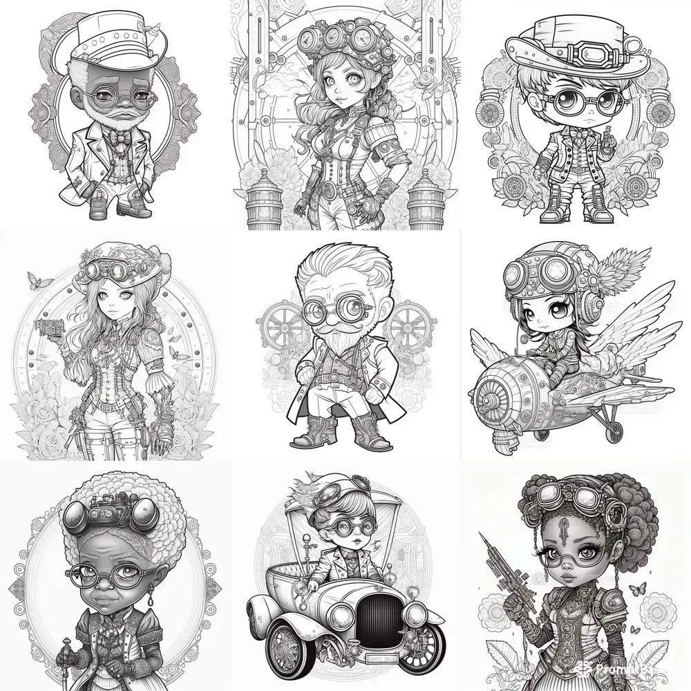 Chibi Steampunk Kids Coloring Book Pages