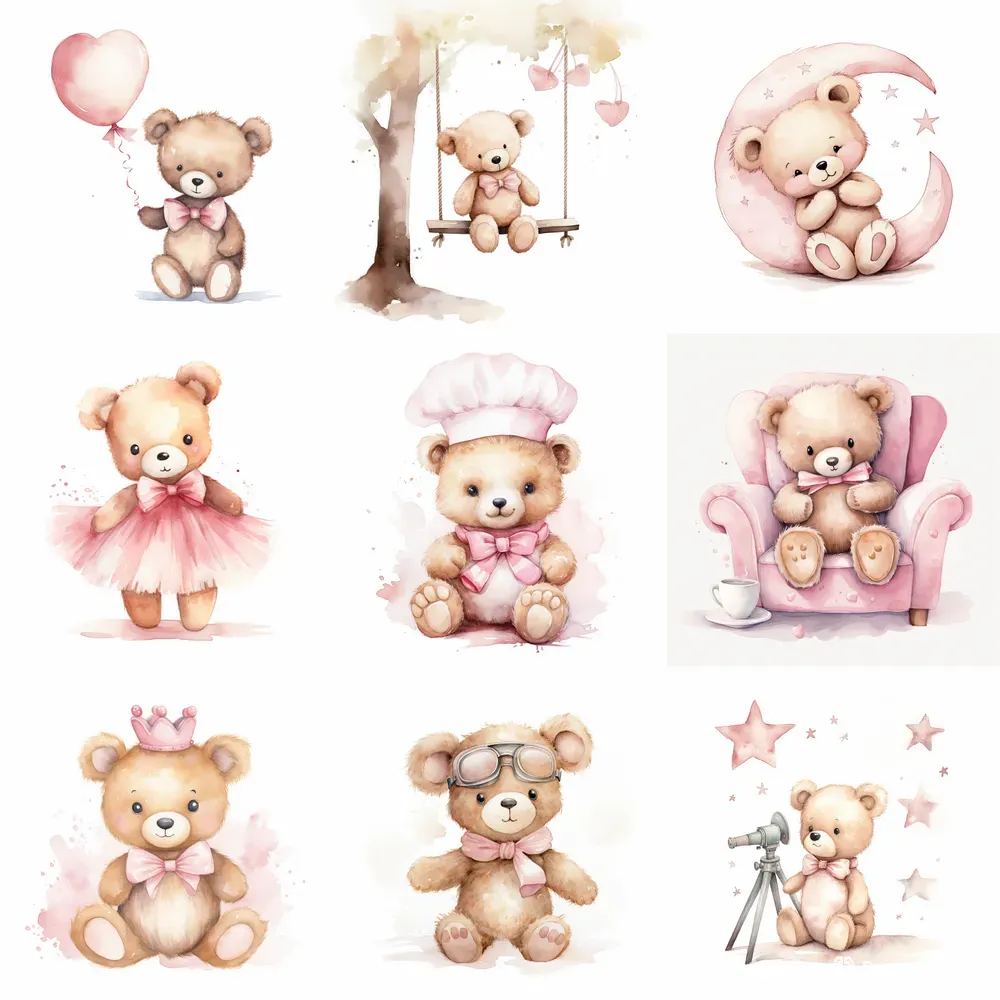 Pink Teddy Bear Watercolor Clipart