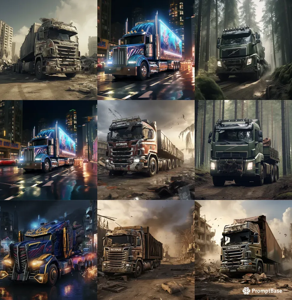 Trucks In Different Places And Paintings