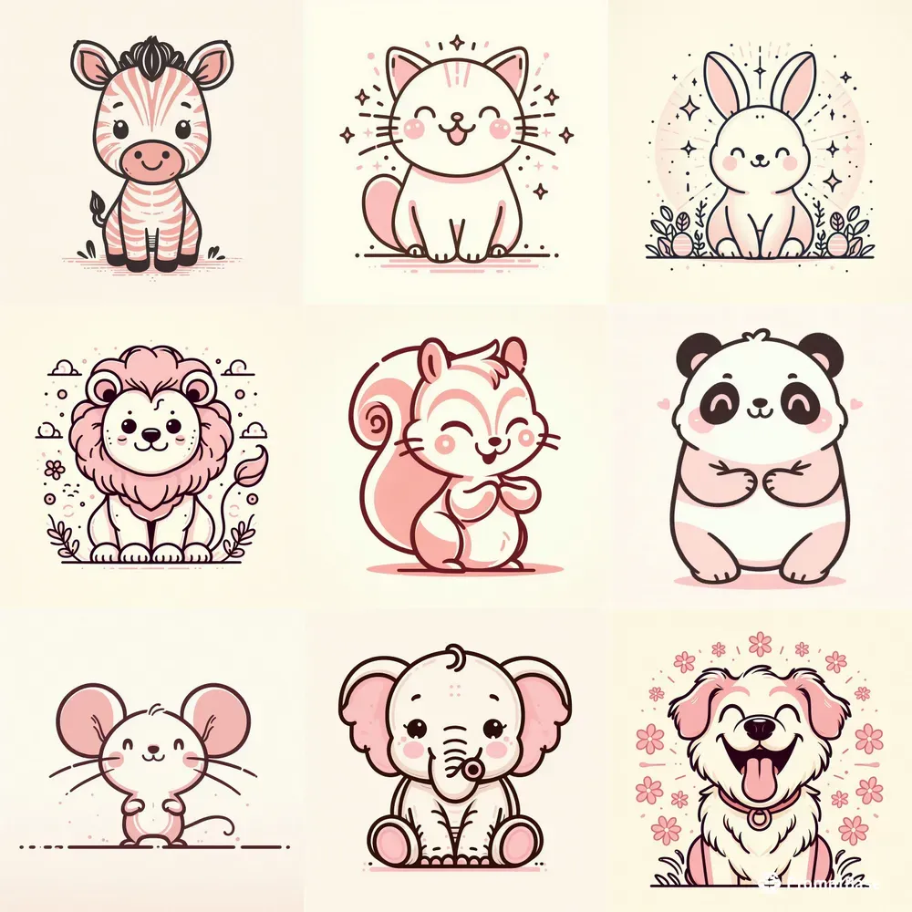 Cute Pastel Line Drawing Animals