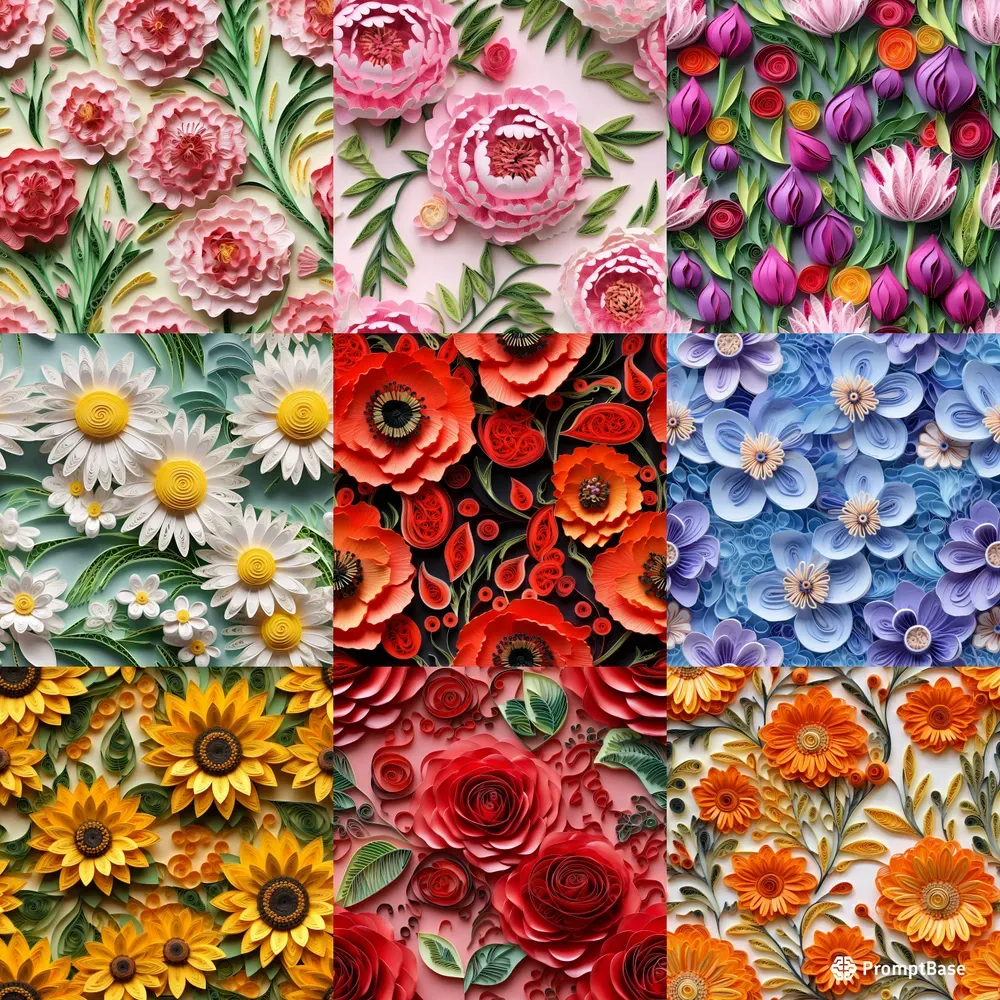 Paper Quilling Flowers Seamless Patterns