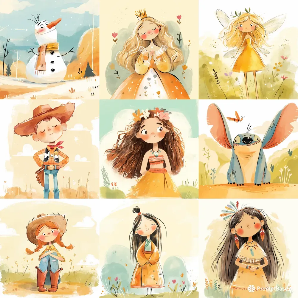Cute Cartoon Characters In Watercolor Style