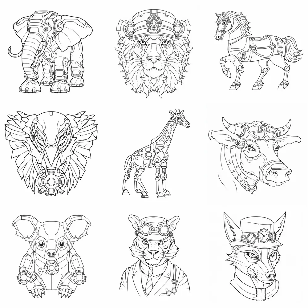 Steampunk Animals Coloring Book Pages