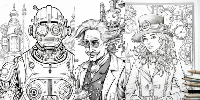 Steampunk Characters Coloring Book Pages generated by undefined