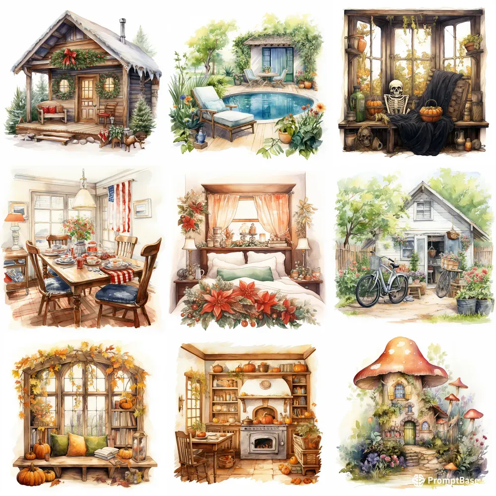 Watercolor Clipart Houses Rooms Seasons