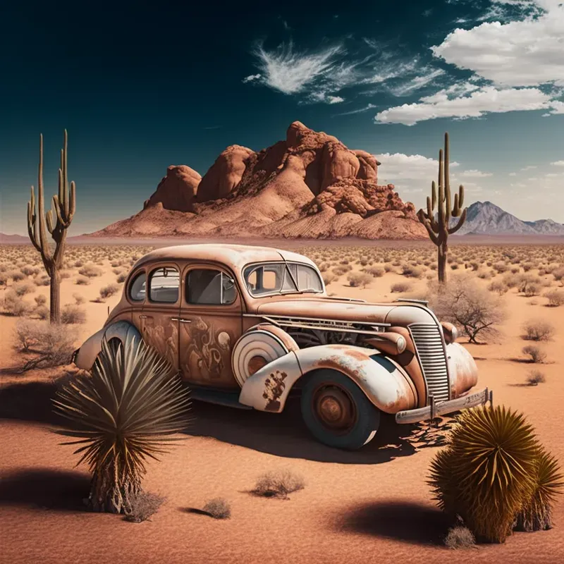 Vintage Cars With Desert Landscape