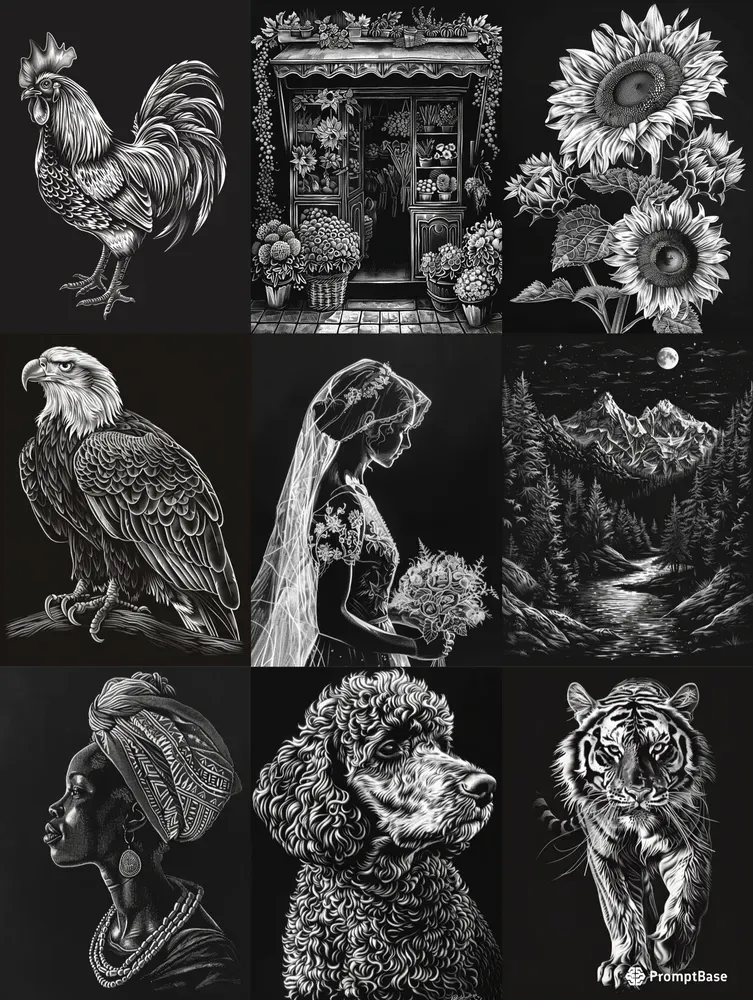 Scratchboard Art On Black Backgrounds