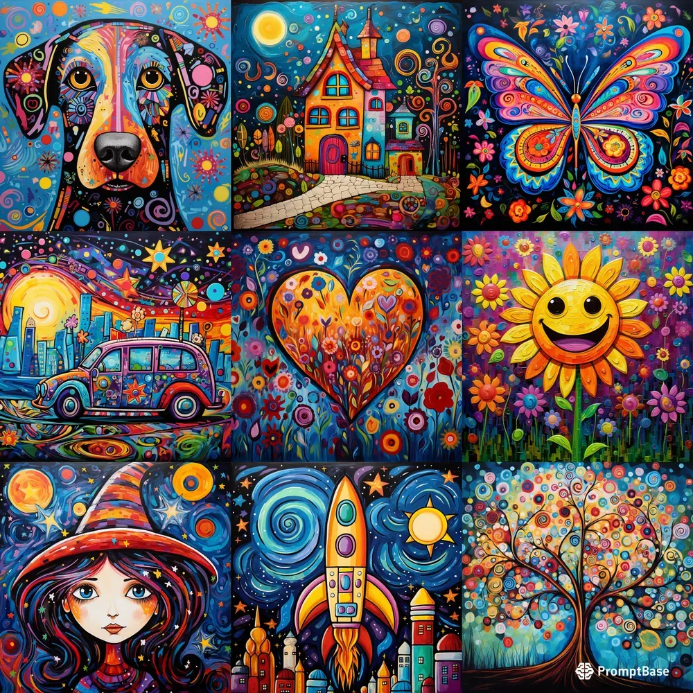 Whimsical Doodles Naive Art Oil Paintings