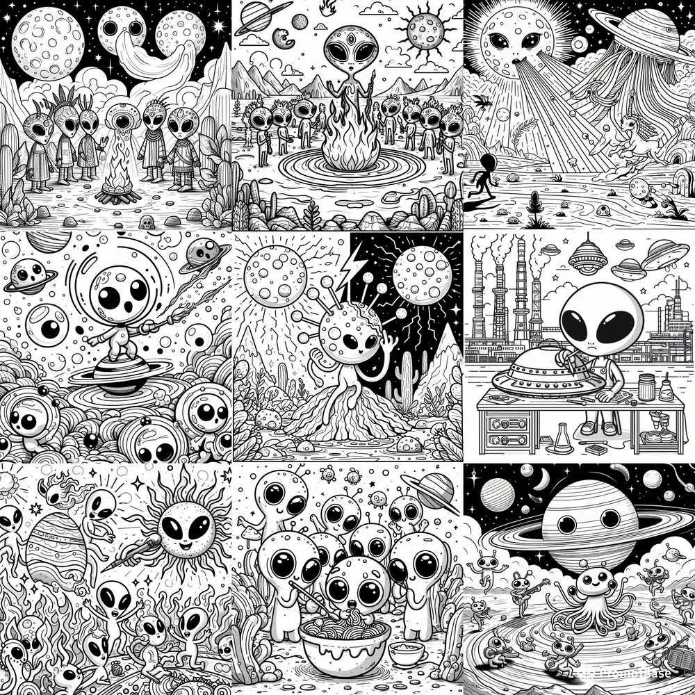 Alien Black And White Coloring Drawings