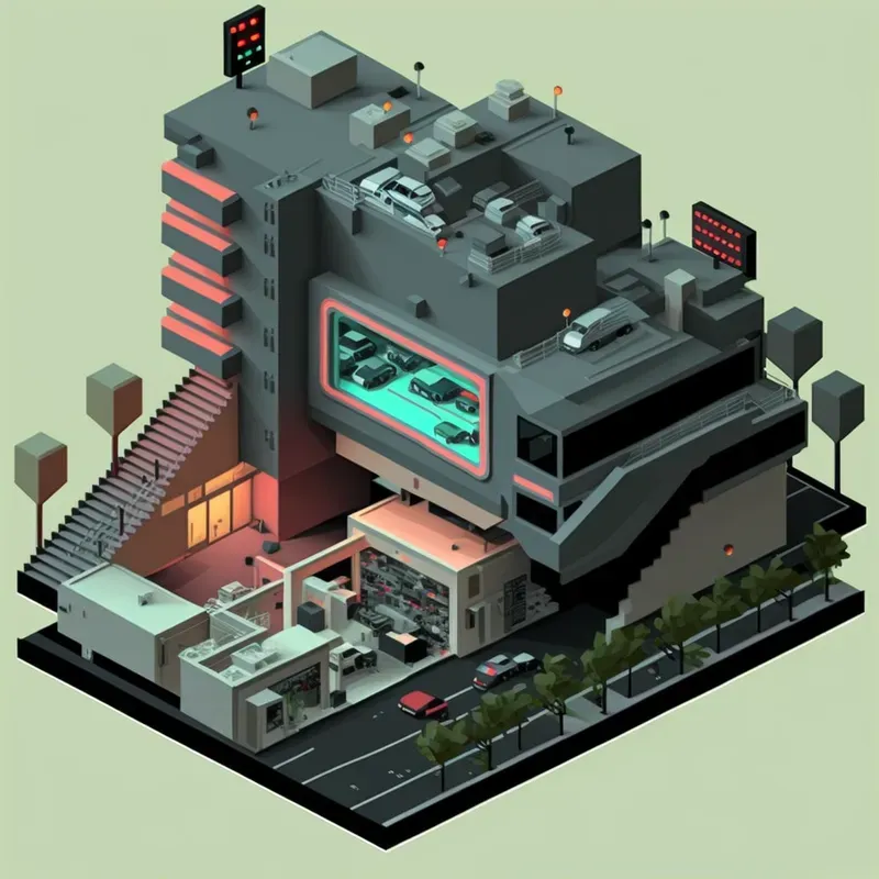 Dark Isometric Brutalist Buildings