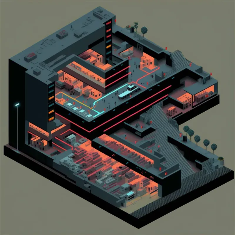 Dark Isometric Brutalist Buildings