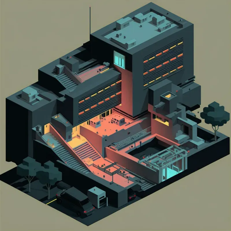 Dark Isometric Brutalist Buildings