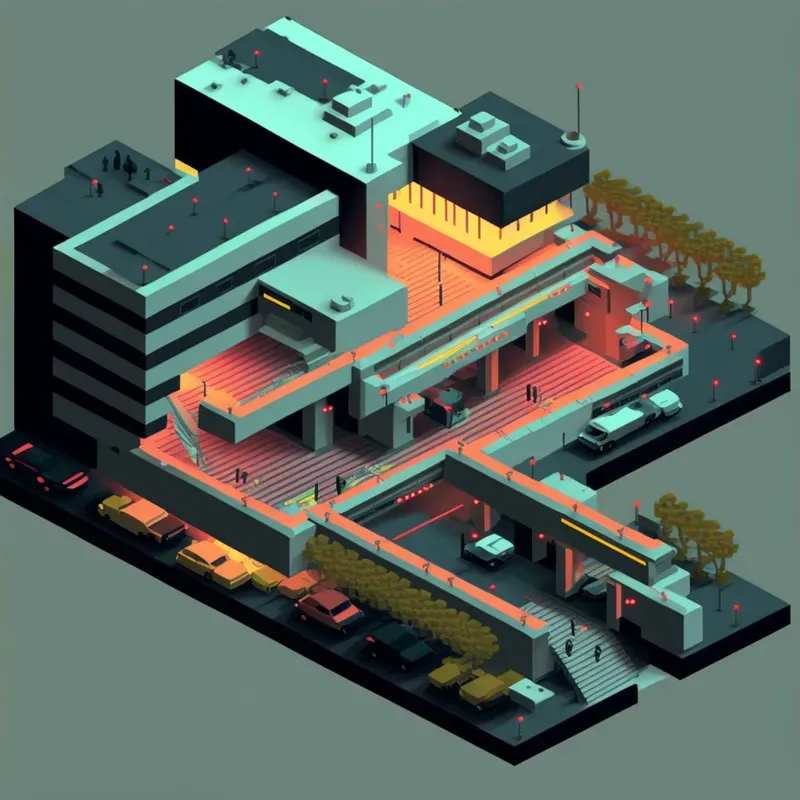 Dark Isometric Brutalist Buildings
