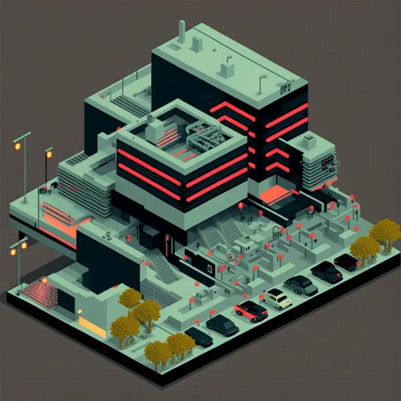 Dark Isometric Brutalist Buildings