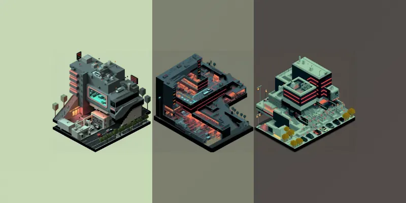 Dark Isometric Brutalist Buildings generated by undefined