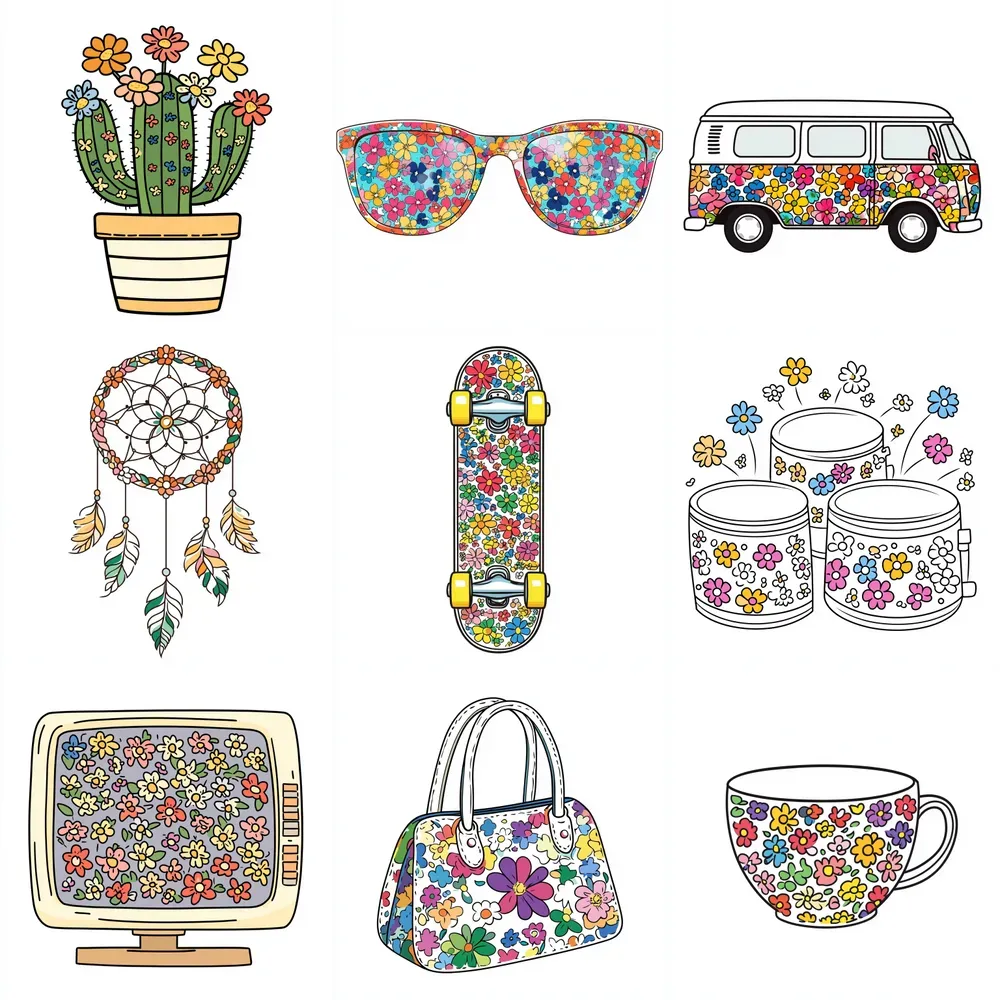 Cute Groovy Cliparts With Flower Patterns