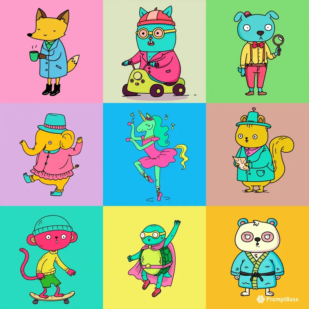 Whimsical Doodle Animal Characters