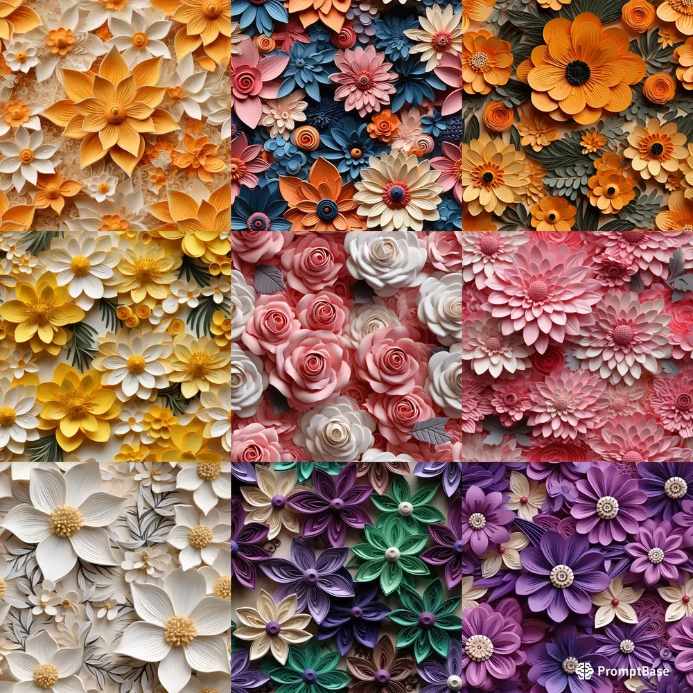 3D Paper Quilling Floral Seamless Patterns