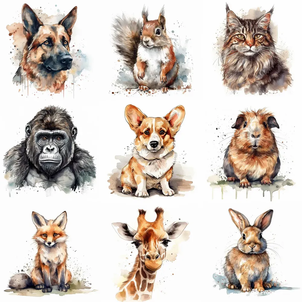 Watercolor Animals White Bgs