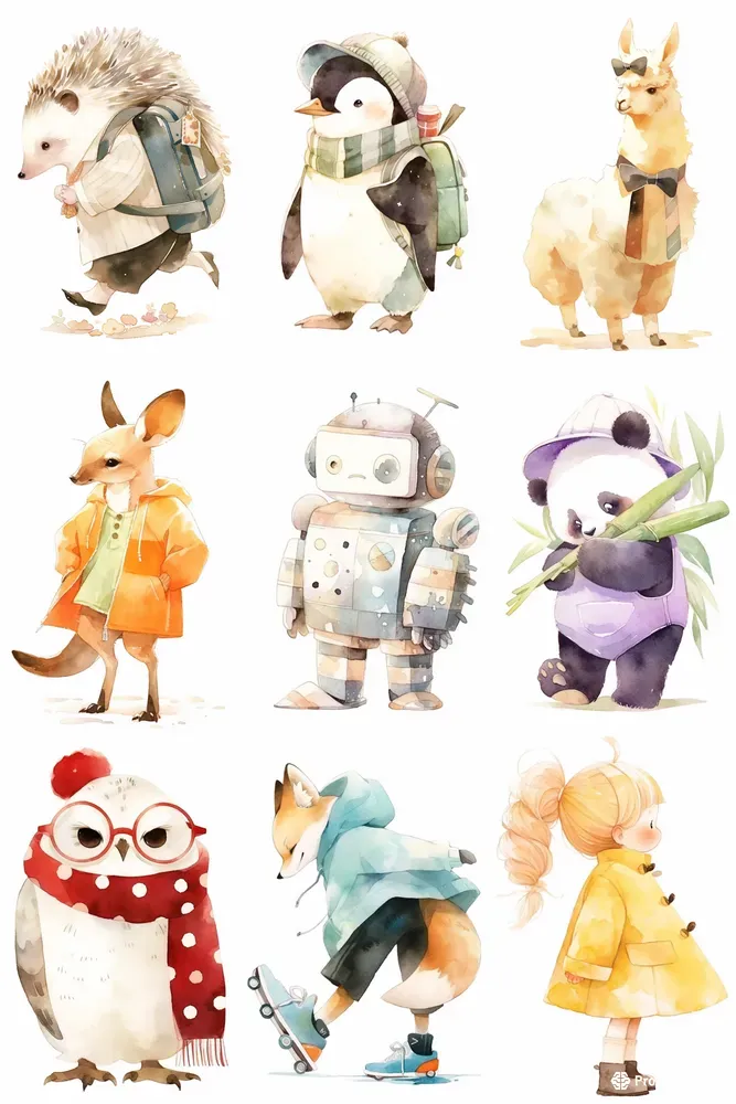 Elegant Watercolor Cartoon Characters