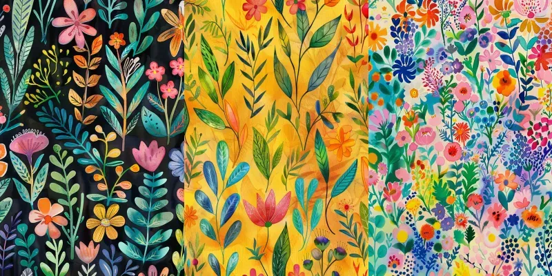 Folk Watercolor Colorful Flower Patterns generated by undefined