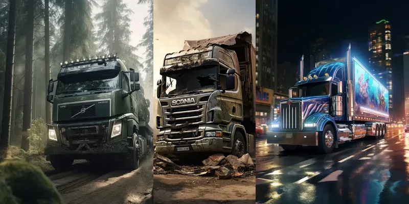 Trucks In Different Places And Paintings generated by undefined