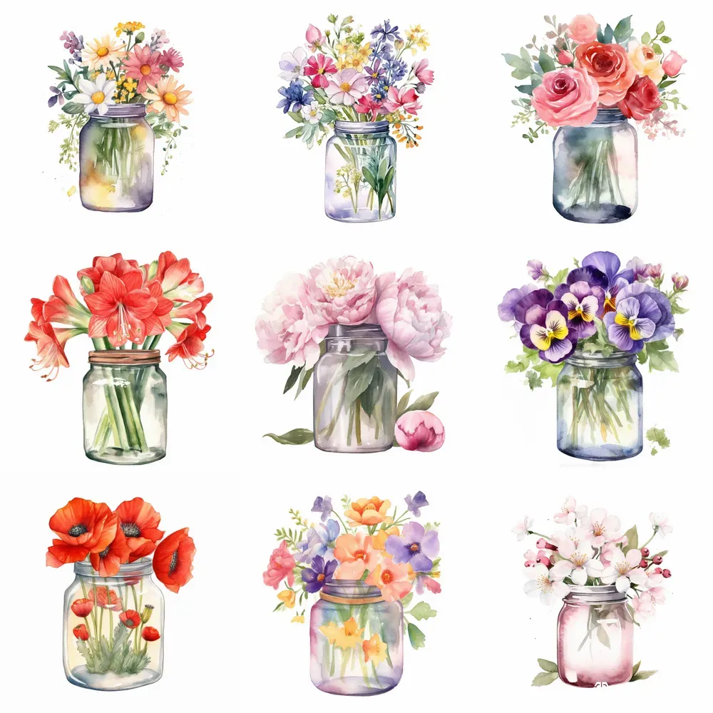 Jars Of Flowers Bouquets Cliparts