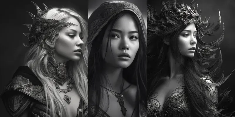 Female Black White Fantasy Portraits generated by undefined