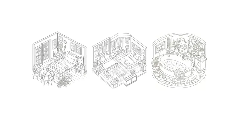 Cozy Spaces Coloring Book Pages generated by undefined