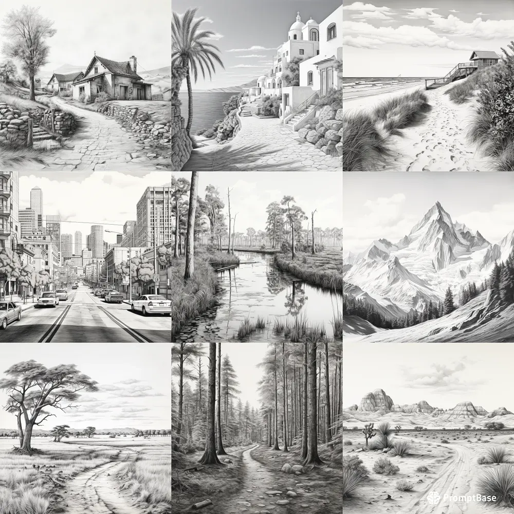 Pencil Sketch Landscapes Black White Art