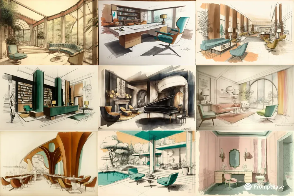 Midcentury Interior Design Sketches