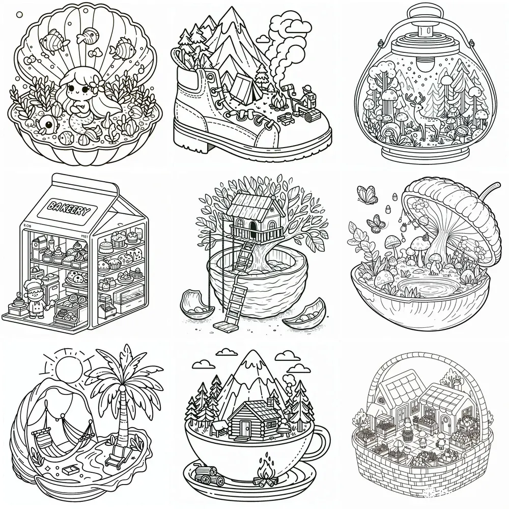 Cute Tiny Worlds Coloring Book Pages