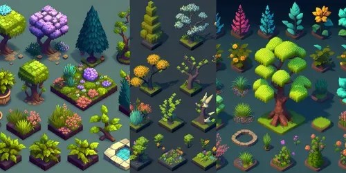 Anime Style Isometric Tree Tilesets generated by midjourney