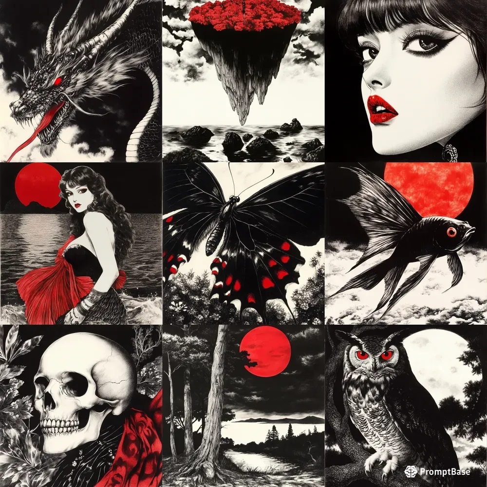 Charcoal Drawings With Red Color Accents