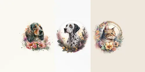 Illustrated Floral Cats And Dogs generated by midjourney