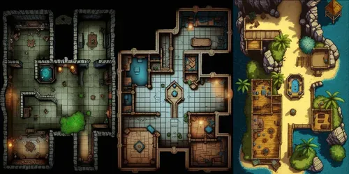 Tabletop RPG Dungeon Crawl Game Maps generated by midjourney