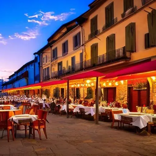 Italian Piaza at Sunset with Restaurants