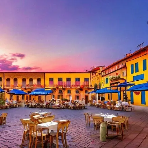 Italian Piaza at Sunset with Restaurants