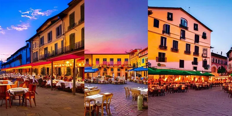 Italian Piaza at Sunset with Restaurants generated by undefined