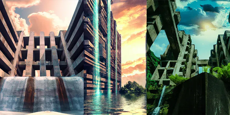 Futuristic Buildings with Beautiful Waterfalls generated by undefined
