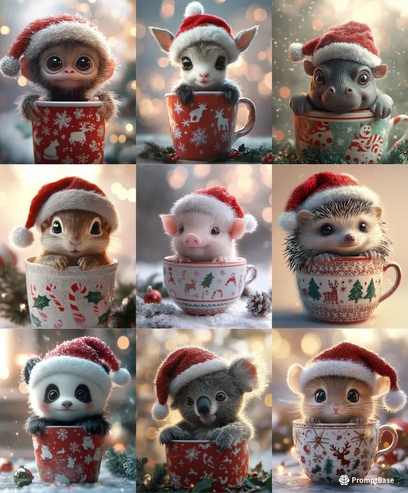 Baby Animals In Festive Christmas Cups