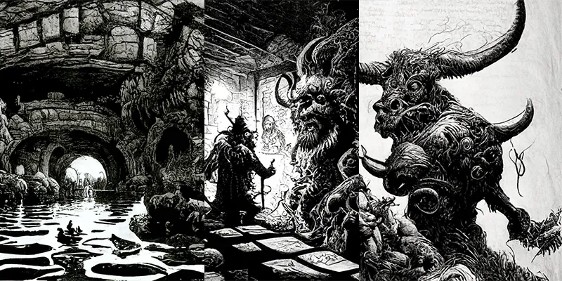Black And White Ink 1980 Fantasy Novel Drawings generated by undefined