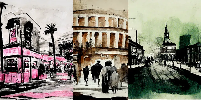 Two-Tone Ink Drawings of City Scenes generated by undefined