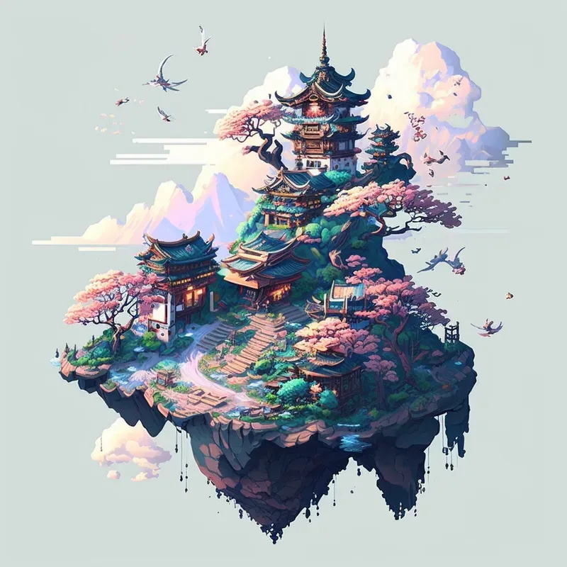 Pixel Art Asian Floating Islands